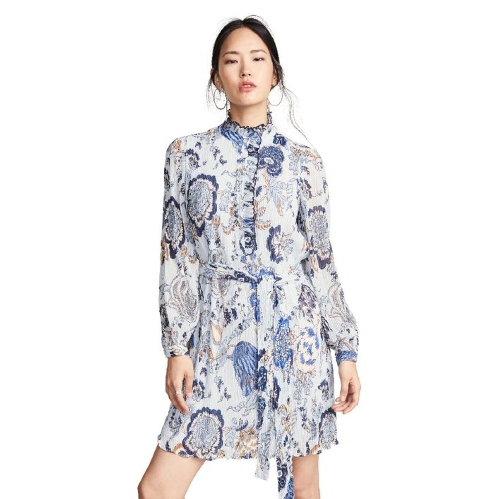 Tory Burch Deneuve Ruffle Trim Blue Happy Times Paisley Pleated Mini Dress 8